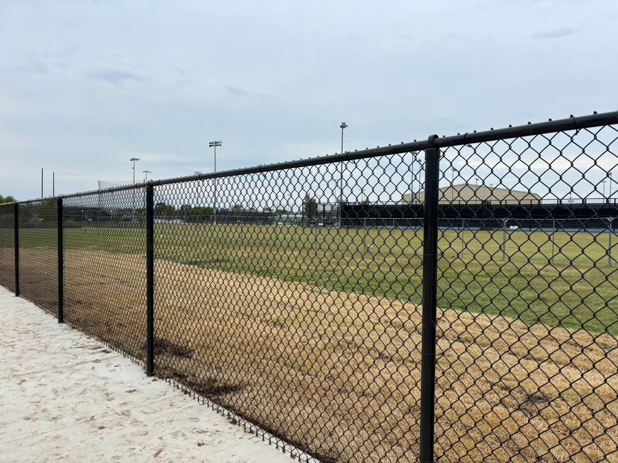 Black vinyl-coated chain link fence along a landscaped yard