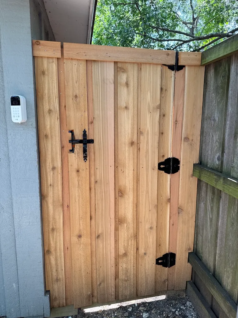 Single swing cedar gate with steel frame